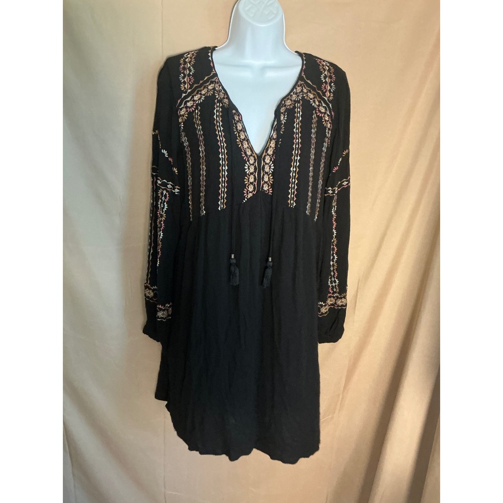 Knox Rose Peasant Dress Womens Large Black Excellent Embroidered Tassel Boho